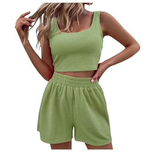 Generisch Sommer Outfits Damen, Zweiteiler Damen Sommer Hosenanzug Elegant Outfits Kleidung 2 Teiler Set Crop Tank Top + Shorts Y2k ärmelloses Yoga Set Workout Sport Anzug Grün von Generisch