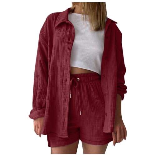 Generisch Zweiteiler Damen Musselin Bluse Sommer Set - Outfit Leinen Bluse Hemd Und Shorts Lounge Set Strand Y2K Clothes Baumwolle Sportanzug Elegant Oversize Freizeitanzug Langarm Hausanzug von Generisch