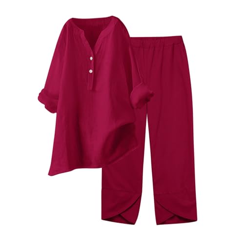 Generisch Zweiteiler Damen Musselin Set Hosenanzug Sommer Baumwolle Zweiteiler Leinen Bluse Langarm + Leinenhose Baggy Leichte Weit Bein Hose Set Leinenanzug Große Größen Einfarbig Freizeitanzug (M) von Generisch