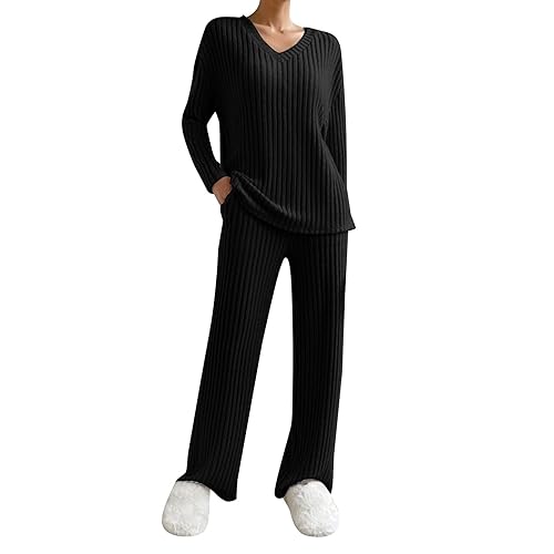 Generisch Zweiteiler Damen Pyjama Sets Einfarbiger Oberteil Rundhals und Karierte Hose 2Pcs Langarm Rippenstrick Loungewear Pullover Weite Yoga Pjs Baumwolle Sleepwear Homewear Winter Warme Kleidung von Generisch