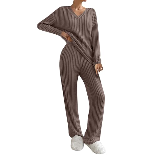 Generisch Zweiteiler Damen Pyjama Sets Einfarbiger Oberteil Rundhals und Karierte Hose 2Pcs Langarm Rippenstrick Loungewear Pullover Weite Yoga Pjs Baumwolle Sleepwear Homewear Winter Warme Kleidung von Generisch