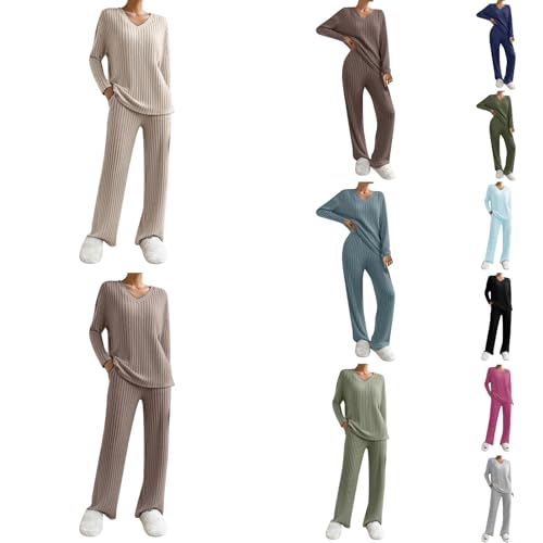 Generisch Zweiteiler Damen Pyjama Sets Einfarbiger Oberteil Rundhals und Karierte Hose 2Pcs Langarm Rippenstrick Loungewear Pullover Weite Yoga Pjs Baumwolle Sleepwear Homewear Winter Warme Kleidung von Generisch