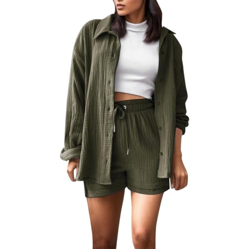 Generisch Zweiteiler Damen Somme Musselin Bluse Damen Zweiteiler Top Hose Einzeln Wählbar 2 Teilige Kleidung Shorts Kombination Kurze Hose Entspannte Set Herbst Leinenbluse Mit Taschen Freizeitanzug von Generisch