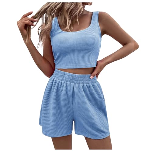 Generisch Zweiteiler Damen Sommer, Zweiteiler Damen Sommer Hosenanzug Elegant Outfits Kleidung 2 Teiler Set Crop Tank Top + Shorts Y2k ärmelloses Yoga Set Workout Sport Anzug Blau von Generisch