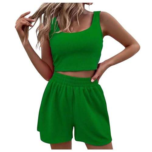 Generisch Zweiteiler Damen Sommer, Zweiteiler Damen Sommer Hosenanzug Elegant Outfits Kleidung 2 Teiler Set Crop Tank Top + Shorts Y2k ärmelloses Yoga Set Workout Sport Anzug Grün von Generisch