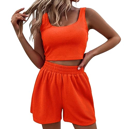 Generisch Zweiteiler Damen Sommer, Zweiteiler Damen Sommer Hosenanzug Elegant Outfits Kleidung 2 Teiler Set Crop Tank Top + Shorts Y2k ärmelloses Yoga Set Workout Sport Anzug Orange von Generisch