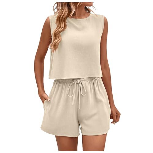 Generisch Zweiteiler Damen Sommer Elegant 2 Teiler Set Tank Top Einfarbig Loungewear für Strand Urlaub Leicht Sportanzug Jogginganzug Y2K Clothes Hosenanzug Workout Anzug von Generisch