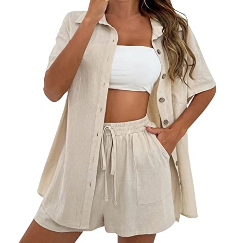 Generisch Zweiteiler Damen Sommer Musselin Bluse Hemd und Shorts Clothes Aesthetic Zweiteiler Lounge Set Strand Outfit Set Two Piece Set Mode Strand Outfit Set Sleepwear Hausanzug Set von Generisch