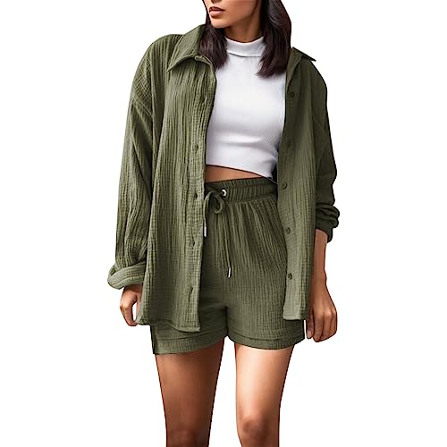 Generisch Zweiteiler Damen Sommer Musselin Bluse Hemd und Shorts Clothes Aesthetic Zweiteiler Lounge Set Strand Outfit Set Two Piece Set Women Grün#02 M von Generisch