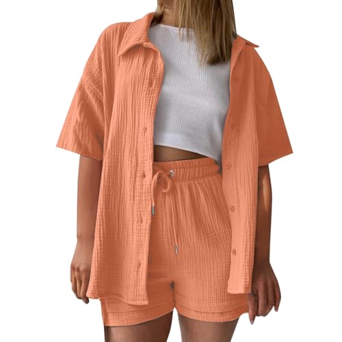 Generisch Zweiteiler Damen Sommer Musselin Bluse Set Elegant Leinen Bluse Hemd Und Shorts Strand Y2k Clothes Oversize Freizeitanzug Kurzarm Hausanzug Outfits A (Orange, M) von Generisch