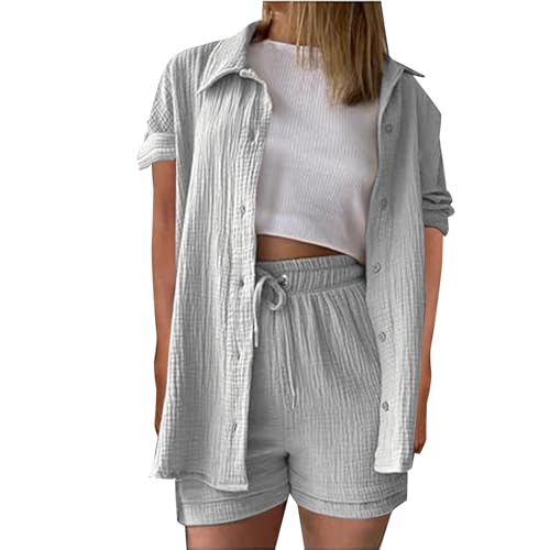Generisch Zweiteiler Damen Sommer Outfits Musselin Bluse und Shorts, Aesthetic 2 Teiler Lounge Set Elegant Baumwolle Sportanzug Oversize Hosenanzug Langarm Hausanzug Y2K Clothes Musselin Bluse Damen von Generisch