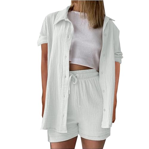 Generisch Zweiteiler Damen Sommer Outfits Musselin Bluse und Shorts, Aesthetic 2 Teiler Lounge Set Elegant Baumwolle Sportanzug Oversize Hosenanzug Langarm Hausanzug Y2K Clothes Musselin Bluse Damen von Generisch