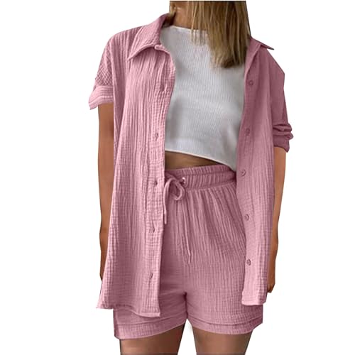 Generisch Zweiteiler Damen Sommer Outfits Musselin Bluse und Shorts, Aesthetic 2 Teiler Lounge Set Elegant Baumwolle Sportanzug Oversize Hosenanzug Langarm Hausanzug Y2K Clothes Musselin Bluse Damen von Generisch