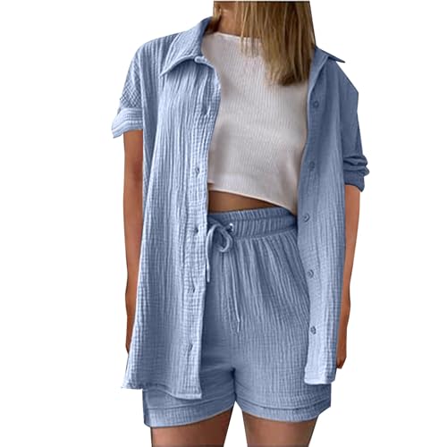 Generisch Zweiteiler Damen Sommer Outfits Musselin Bluse und Shorts, Aesthetic 2 Teiler Lounge Set Elegant Baumwolle Sportanzug Oversize Hosenanzug Langarm Hausanzug Y2K Clothes Musselin Bluse Damen von Generisch