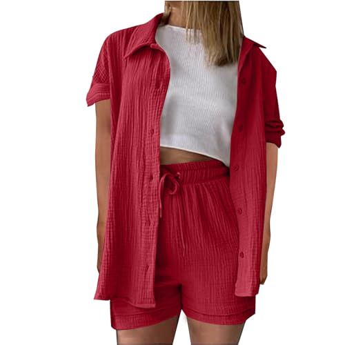 Generisch Zweiteiler Damen Sommer Outfits Musselin Bluse und Shorts, Aesthetic 2 Teiler Lounge Set Elegant Baumwolle Sportanzug Oversize Hosenanzug Langarm Hausanzug Y2K Clothes Musselin Bluse Damen von Generisch