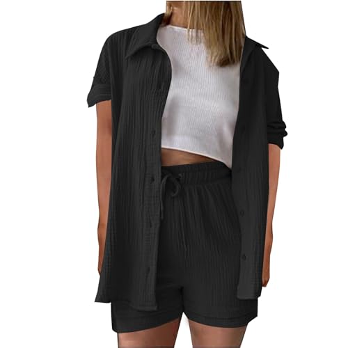 Generisch Zweiteiler Damen Sommer Outfits Musselin Bluse und Shorts, Aesthetic 2 Teiler Lounge Set Elegant Baumwolle Sportanzug Oversize Hosenanzug Langarm Hausanzug Y2K Clothes Musselin Bluse Damen von Generisch