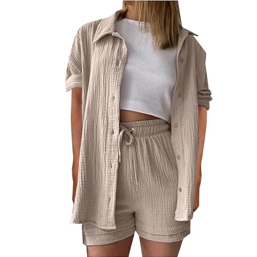 Generisch Zweiteiler Damen Sommer Outfits Musselin Bluse und Shorts, Aesthetic 2 Teiler Lounge Set Elegant Baumwolle Sportanzug Oversize Hosenanzug Langarm Hausanzug Y2K Clothes Musselin Bluse Damen von Generisch