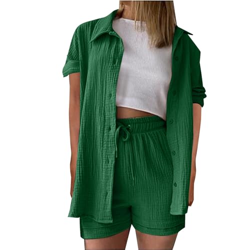 Generisch Zweiteiler Damen Sommer Outfits Musselin Bluse und Shorts, Aesthetic 2 Teiler Lounge Set Elegant Baumwolle Sportanzug Oversize Hosenanzug Langarm Hausanzug Y2K Clothes Musselin Bluse Damen von Generisch