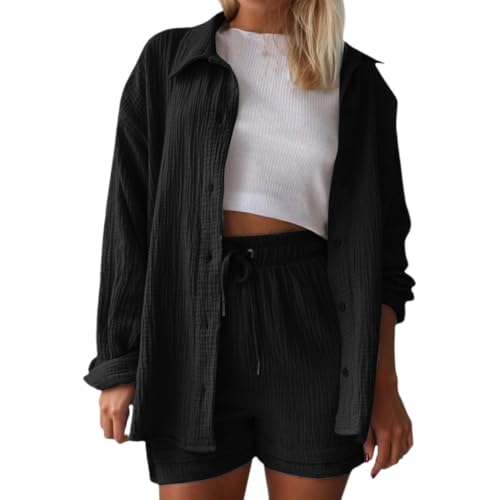Generisch Zweiteiler Damen Sommer Outfits Musselin Bluse und Shorts, Aesthetic 2 Teiler Lounge Set Elegant Baumwolle Sportanzug Oversize Hosenanzug Langarm Hausanzug Y2K Clothes von Generisch