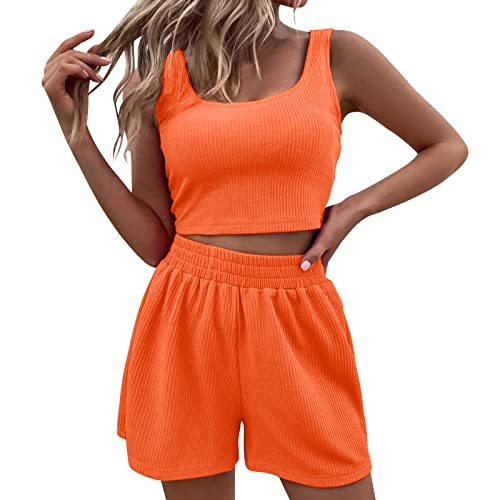 Generisch Zweiteiler Damen Sommer Zweiteiler Sommer Hosenanzug Elegant Outfits Kleidung 2 Teiler Set Crop Tank Top + Shorts Y2k Aesthetic Clothes Workout Sport Anzug a-Orange S von Generisch