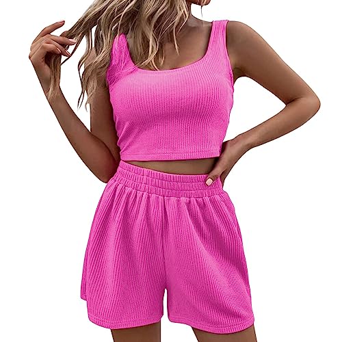 Generisch Zweiteiler Damen Sommer Zweiteiler Sommer Hosenanzug Elegant Outfits Kleidung 2 Teiler Set Crop Tank Top + Shorts Y2k Aesthetic Clothes Workout Sport Anzug c-Hot Rosa L von Generisch