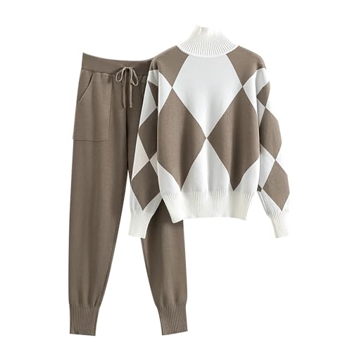 Generisch Zweiteiler Damen Strickanzug Langarm Zweiteiler Kariert Strickpullover Elegant Hosenanzug Casual Jogginganzug Bequeme Sets Hausanzug Lässige Sportanzüge Streetwear Leicht Loungewear Y2k von Generisch