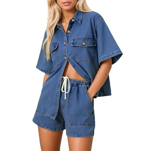 Generisch Zweiteiler Freizeitanzug Damen Set Kurzarm Jeanshemd und Shorts mit Kordelzug Jogginganzug Hosenanzug Elegant Hausanzug Sportanzug 2 Teiler Outfits Tracksuit Casual Denim Anzug von Generisch