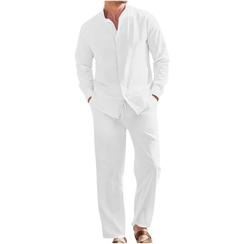 Generisch Zweiteiler Herren Leinenanzug Sommer Leinenhose Und Leinenshirt 2-Teiligs Freizeitanzug Kurzarm Leinenhemd und Hosen Set Outfits Casual Jogginganzug Trainingsanzug Sportanzug Einfarbig von Generisch