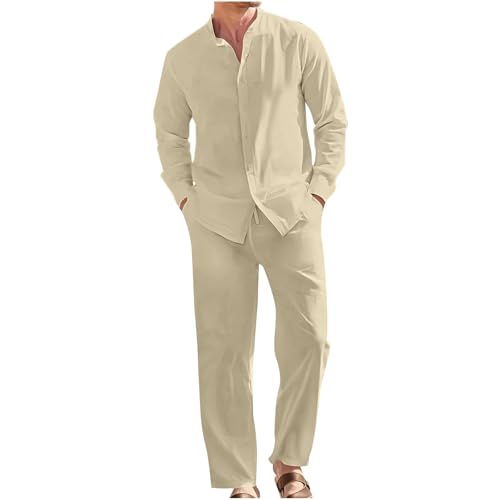 Generisch Zweiteiler Herren Leinenanzug Sommer Leinenhose Und Leinenshirt 2-Teiligs Freizeitanzug Kurzarm Leinenhemd und Hosen Set Outfits Casual Jogginganzug Trainingsanzug Sportanzug Einfarbig von Generisch