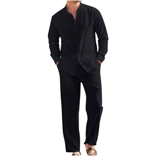 Generisch Zweiteiler Herren Leinenanzug Sommer Leinenhose Und Leinenshirt 2-Teiligs Freizeitanzug Kurzarm Leinenhemd und Hosen Set Outfits Casual Jogginganzug Trainingsanzug Sportanzug Einfarbig von Generisch