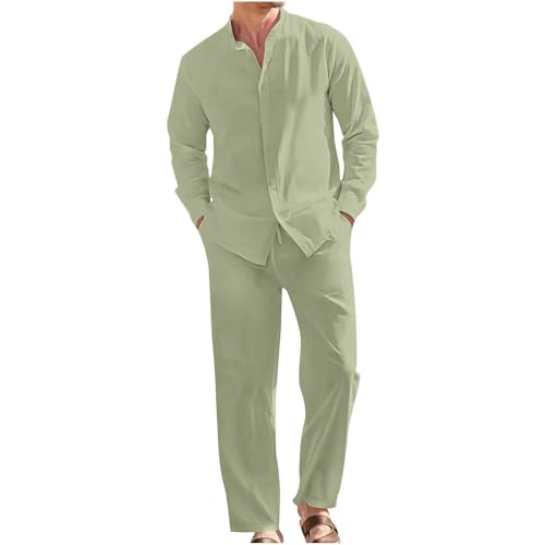 Generisch Zweiteiler Herren Leinenanzug Sommer Leinenhose Und Leinenshirt 2-Teiligs Freizeitanzug Kurzarm Leinenhemd und Hosen Set Outfits Casual Jogginganzug Trainingsanzug Sportanzug Einfarbig von Generisch