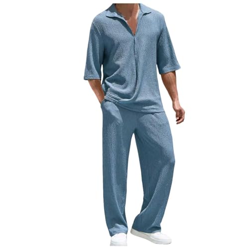 Generisch Zweiteiler Herren Sommer Lang Herren 2-teiliges Outfit Kurzarm Button Down Shirt Strand Sommer Lose Hosen Sets Leinenanzug Sommer Zweiteiler Freizeitanzug Einfarbig 2-teilig Kurzarm von Generisch