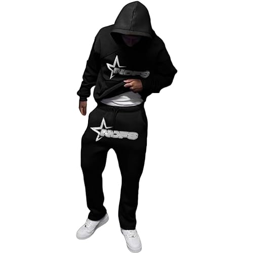 Generisch Zweiteiler Herren Trainingsanzug NOFS Kapuze Pullover Sportlich Jogginghose Set Hip Hop Streetwear Style Sweatpants und Sweatshirt Set mit Kordelzug Unisex Nofstrainingsanzug Fitness Anzüge von Generisch