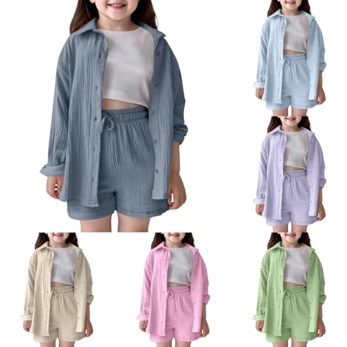 Generisch Zweiteiler Kinder Mädchen Sommer Musselin Bluse Sommer Top und Tunnelzug Shorts Zweiteiler Set Einfarbig Weich 2 Teilige Kleidung Leicht Entspannte Bekleidungssets Navy 150 von Generisch