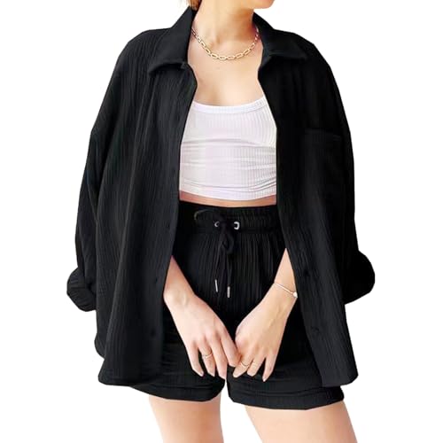 Generisch Zweiteiler Sommerkleid Damen Einfarbig Musselin Bluse & Shorts Damen Lounge 2 Teilig Outfits Set Aesthetic Sport Hausanzug Y2K Langarm Clothes (Schwarz, S) von Generisch