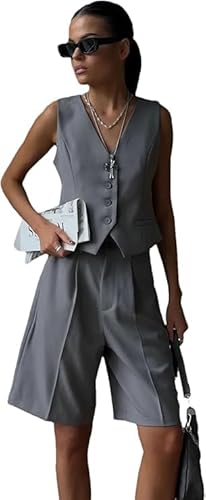 Generisch anzug damen anzugweste damen V-Ausschnitt Einreihenknopf Weste und Gerade Anzugshose Set - Atmungsaktives Stoff, Passend für Alltag, Feiern & Arbeitsumgebung zweiteiler (L,Grau) von Generisch