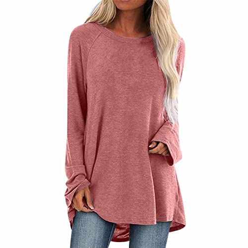 Generisch Damen Langarm Oversize Basic Langarmshirt Pullover Tunika Rundhalsausschnitt V-Ausschnitt Oberteil Lässige Einfarbig Tops Baumwolle Blusen Longsleeve von Generisch