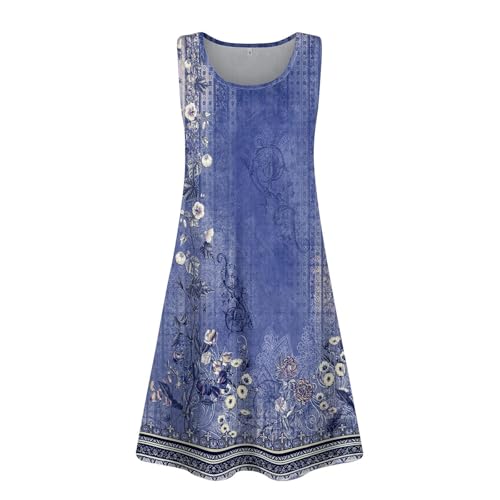 Generisch blumenkleid Damen Sommerkleid Damen Knielang Elegant Ärmellose Kleider Leicht Luftig Strandkleider Tank Kleider Freizeitkleid Sommer Midikleid Rundhals faschingskostüme Sale Blau XXL von Generisch