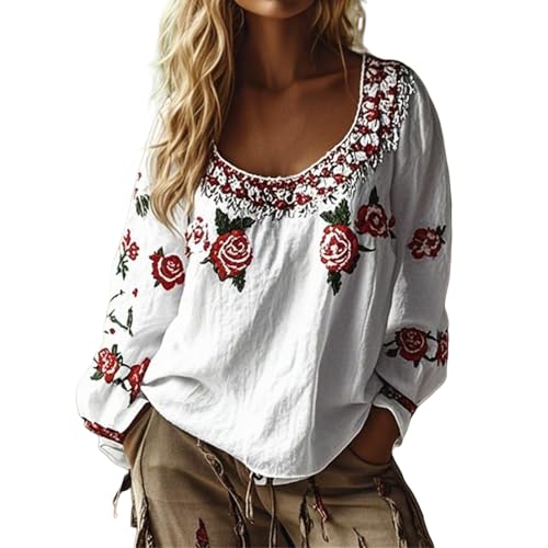 Generisch blusen & tun für Damen Boho Bluse große größen Langarm Sommerbluse Festliche Oberteile Longpullover lässig für Leggings Retro Hippie Oberteil mit Blumen Muster von Generisch