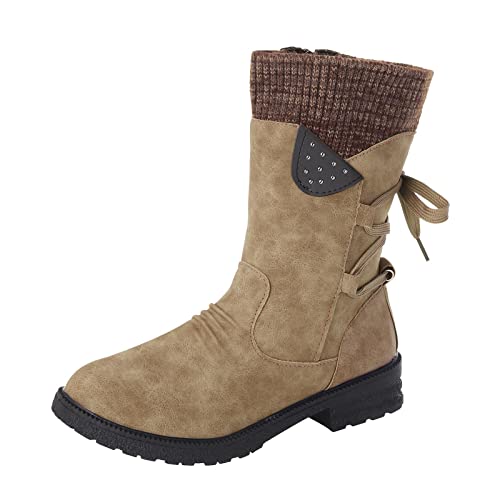Generisch festival boots damen Winterstiefel Damen Wasserdicht Kurze Absatz Stiefeletten Retro Sohle Innenreißverschluss Schlupfschuhe Warmes Futter Übergangsstiefel Rutschfest Damenschuhe Khaki 38 von Generisch