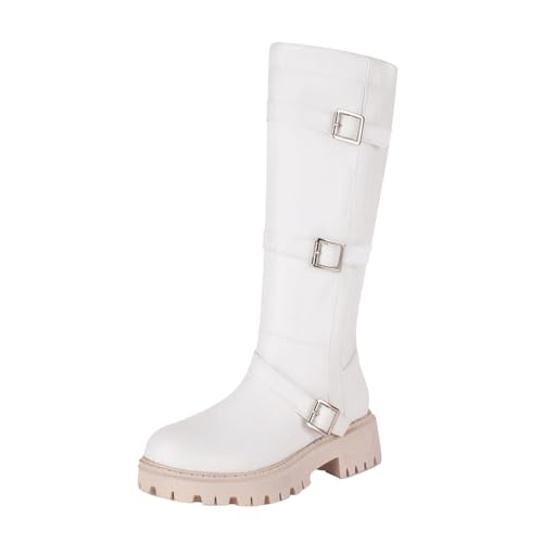 Generisch im britischen Stil, solides, Gürtelschnalle, Dekoration, Dicker Absatz, Lange Ärmel, knielange Stiefel Mit Absatz (White, 40) von Generisch