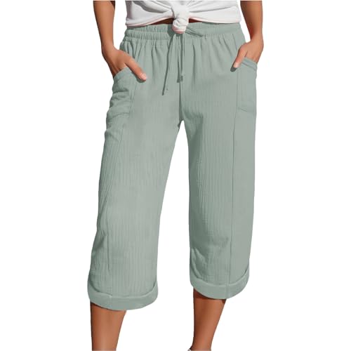 Generisch leinen Hose Damen Sommer, Leinenhose Damen Sommer Kurze Musselin Dreiviertel Hose Leicht und Luftig Sommerhosen Knielang Caprihose mit Taschen Bequeme Leinen Strandhose Lockere Damenhose von Generisch