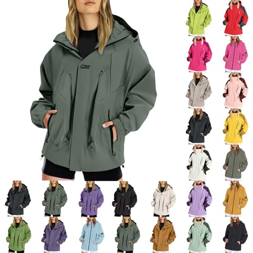 Generisch regenjacke damen grün,Regenjacke Hoodied für Damen Wasserdicht Atmungsaktiv Regenmantel Mit Reißverschluss Softshelljacke Wanderjacke Fahrradjacke Funktionsjacke von Generisch
