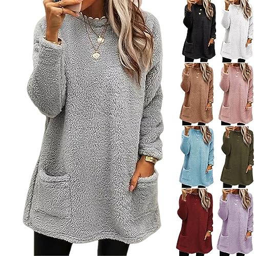 Generisch ski Pulli Damen,Damen Lang Teddy Fleece Flauschig Pulli Lockeres Weich Winter Warm Sweatshirt Ohne Kapuze Einfarbig Lose Plüsch Oversize Casual Fleecepulli Mit Taschen von Generisch