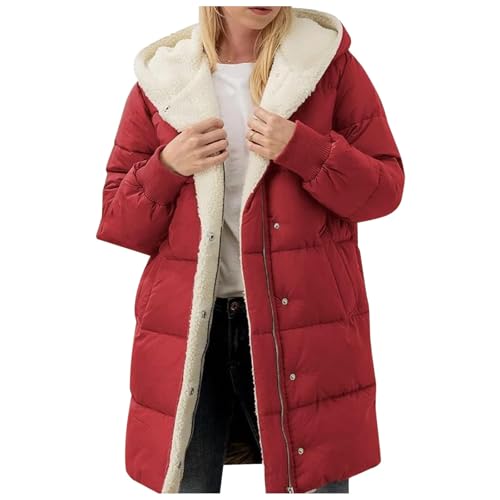 Generisch steppjacke damen leicht lang mit kapuze beige braun schwarz, 2025 Winterjacke Damen Daunenjacke Lang - Winter Anorak Wanderjacke Steppmantel Übergang Soft Rot L von Generisch