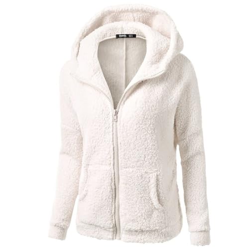 Generisch teddyfell Jacke,Teddy Fleece Jacke Weiß Fleecejacke mit Kapuze Reißverschluss Thermo Kuschelige Flauschige Sweatjacke Wollfleece Pulli Plüschjacke Fliesjacken Für Frauen Winter Bekleidung von Generisch