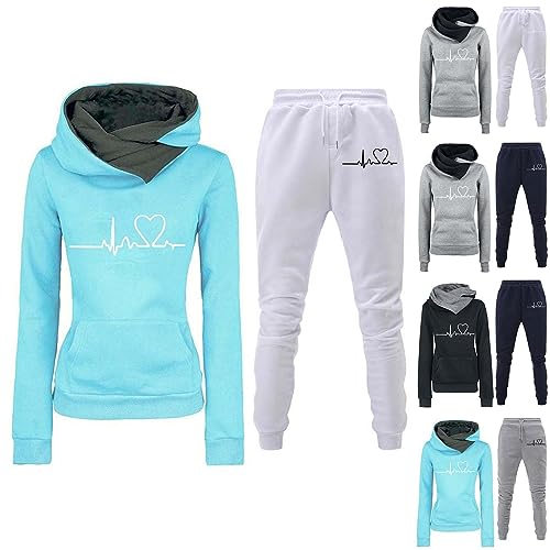 Generisch trainingsanzug damen sommer baumwolle set kurz große größen, Damen Trainingsanzug Set 2-Teilig Heartbeat Print Hoodie Jogginghose Sweatshirt Hose Zweiteiler Jogginganzüge Kapuzenpullover von Generisch
