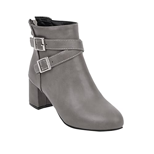 Generisch und Winter Frauen dicke Ferse kurze Stiefel Gürtelschnalle mittlerer Absatz seitlicher Reißverschluss Frauen Stiefel Damen Overknees Blockabsatz (Grey, 41) von Generisch