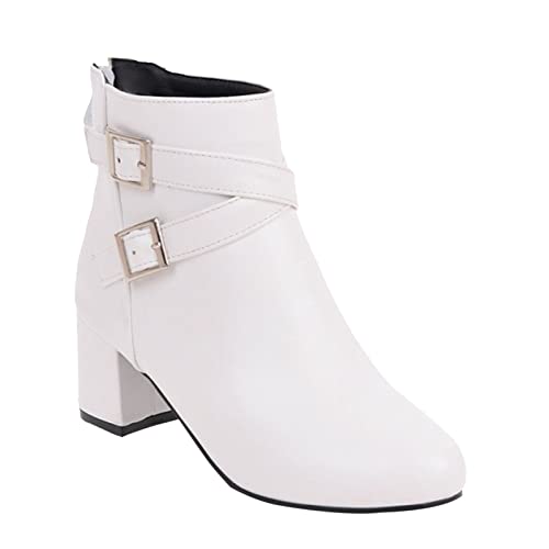 Generisch und Winter Frauen dicke Ferse kurze Stiefel Gürtelschnalle mittlerer Absatz seitlicher Reißverschluss Frauen Stiefel Damen Overknees Blockabsatz (White, 42) von Generisch
