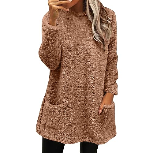 Generisch weihnachtssweatshirt Damen,Damen Lang Teddy Fleece Flauschig Pulli Lockeres Weich Winter Warm Sweatshirt Ohne Kapuze Einfarbig Lose Plüsch Oversize Casual Fleecepulli Mit Taschen von Generisch
